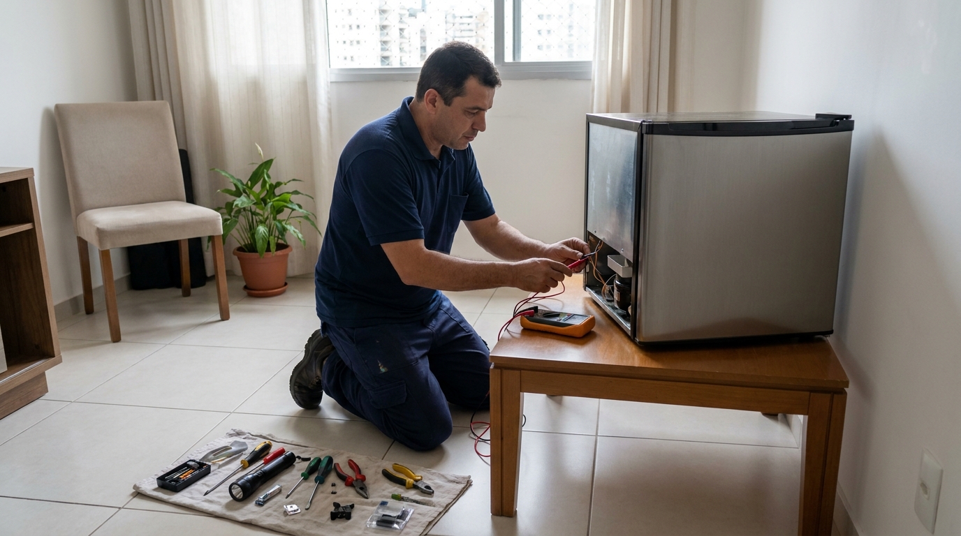 Técnico realizando manutenção de motor de frigobar em Vila Velha‑ES